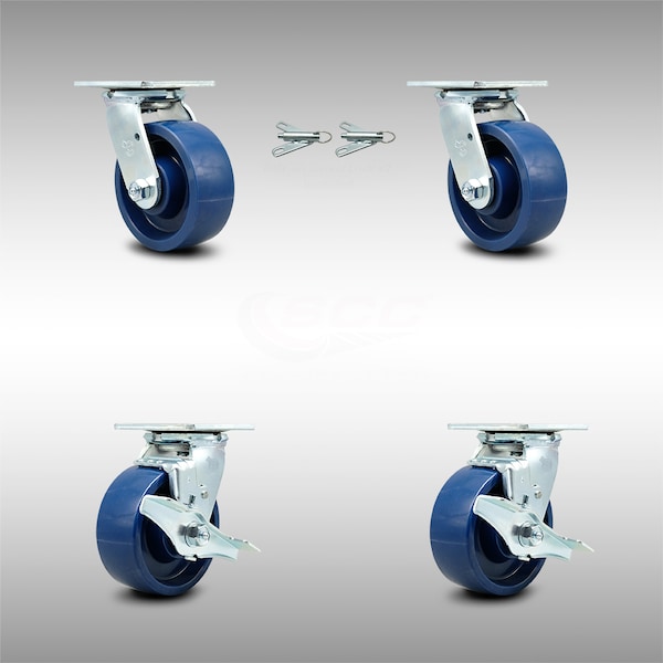 5 Inch SS Solid Poly Caster Set with Roller Bearings 2 Swivel Lock 2 Brake SCC